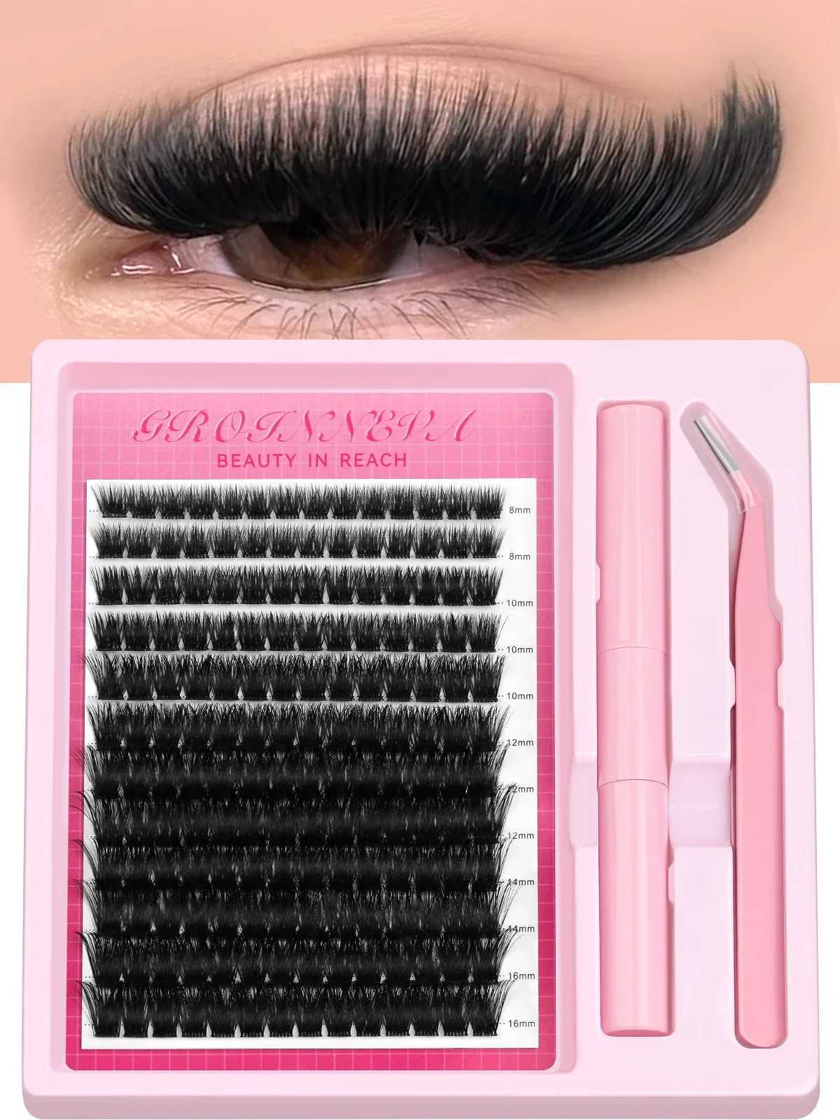 GROINNEYA Lash Clusters Kit Fluffy Individual Lashes C Curl Cluster DIY Lash Extension Kit Lash Bond and Seal Eyelash ExtensionsT251223