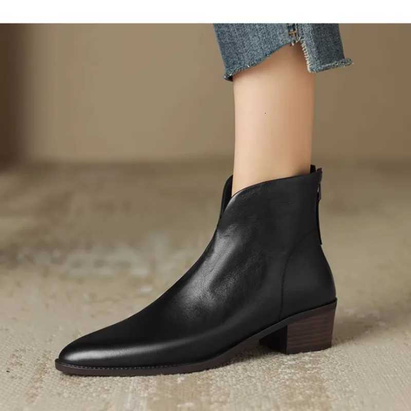 New Spring/autumn Genuine Leather Ankle Boots Pointing Toe Womens Boots Fashion Retro Chelsea Boots High Heels Womens ShoesT251223