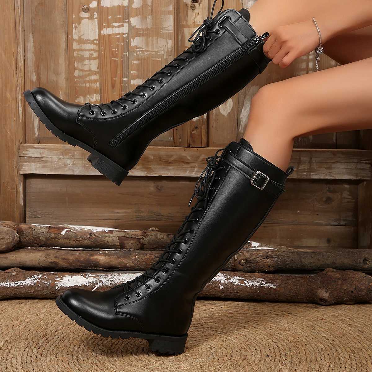Women Boots Round Head Thick Soled Cross Strap Fashion High Boots Comfortable Non-slip Increase Personality Trend Fashion ShoesT251223