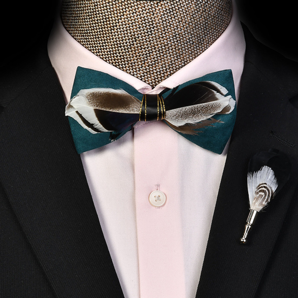 KAMBERFT 67 style Natural Feather Bow tie Exquisite HandMade Mens BowTie Brooch Pin Wooden Gift Box Set for Wedding 251022