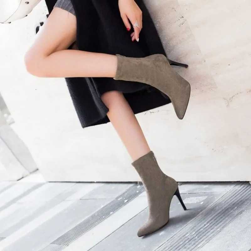 2024 Women Boots Short High Heels Shoes for Women Autumn Suede Imitation Leather Ankle Boots Black Sock Women Heels Boots FemaleT251223