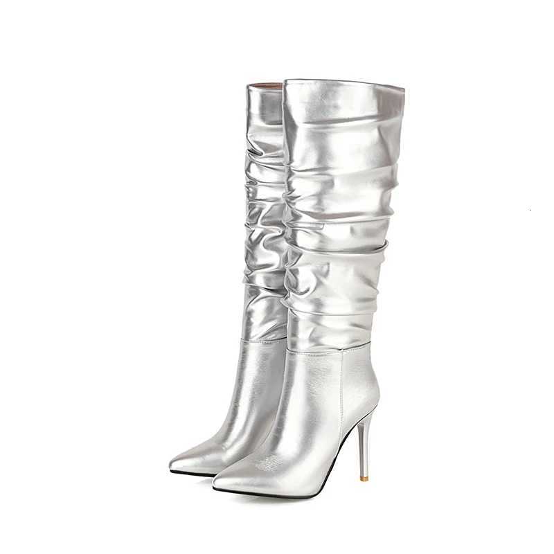 Kcenid Silver Gold Knee High Boots Women Pleated Pointed Toe Thin High Heels Dres Party Shoes Autumn Winter Long Boots WomanT251223