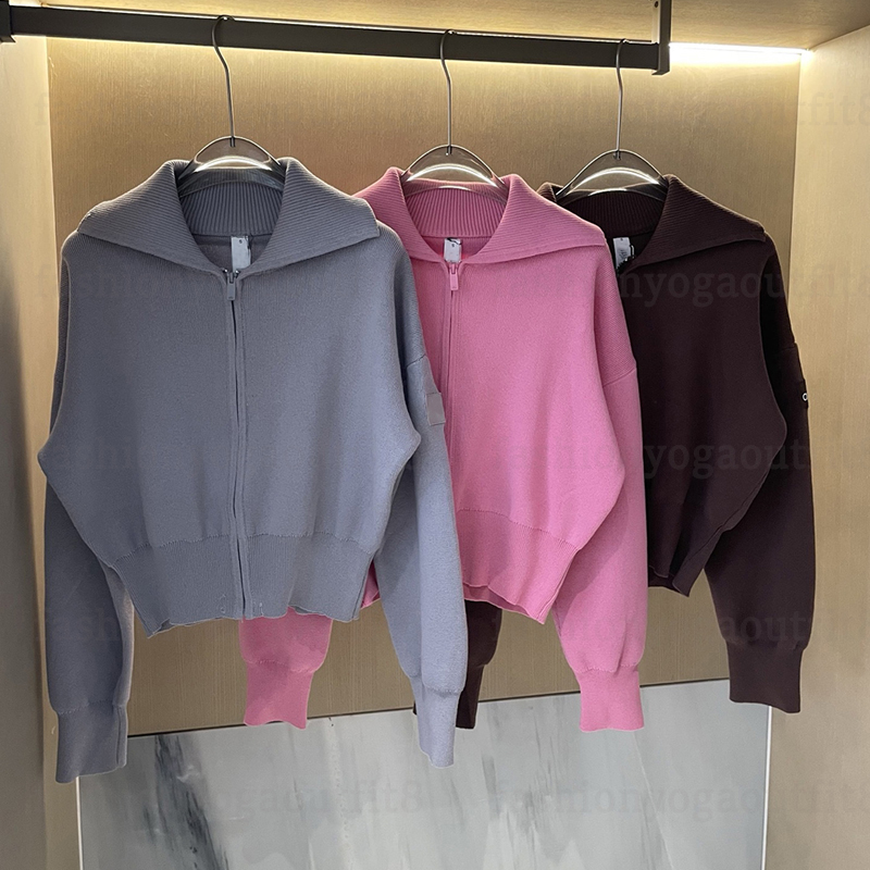 Designer Women Knit Sweater Scholar Knitted Cropped Full Zip Jackets Yoga Cardigan Zipper Sweater Jacket Winter Sports Outfit Serenity Wide Leg Sweatpants