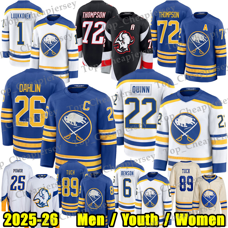 #72 Tage Thompson sabres hockey jersey #26 Rasmus Dahlin Ukko-Pekka Luukkonen Jack Quinn Power Ryan McLeod Georgiev Bowen Byram Alex Tuch Devon Levi Zach Benson jerseys