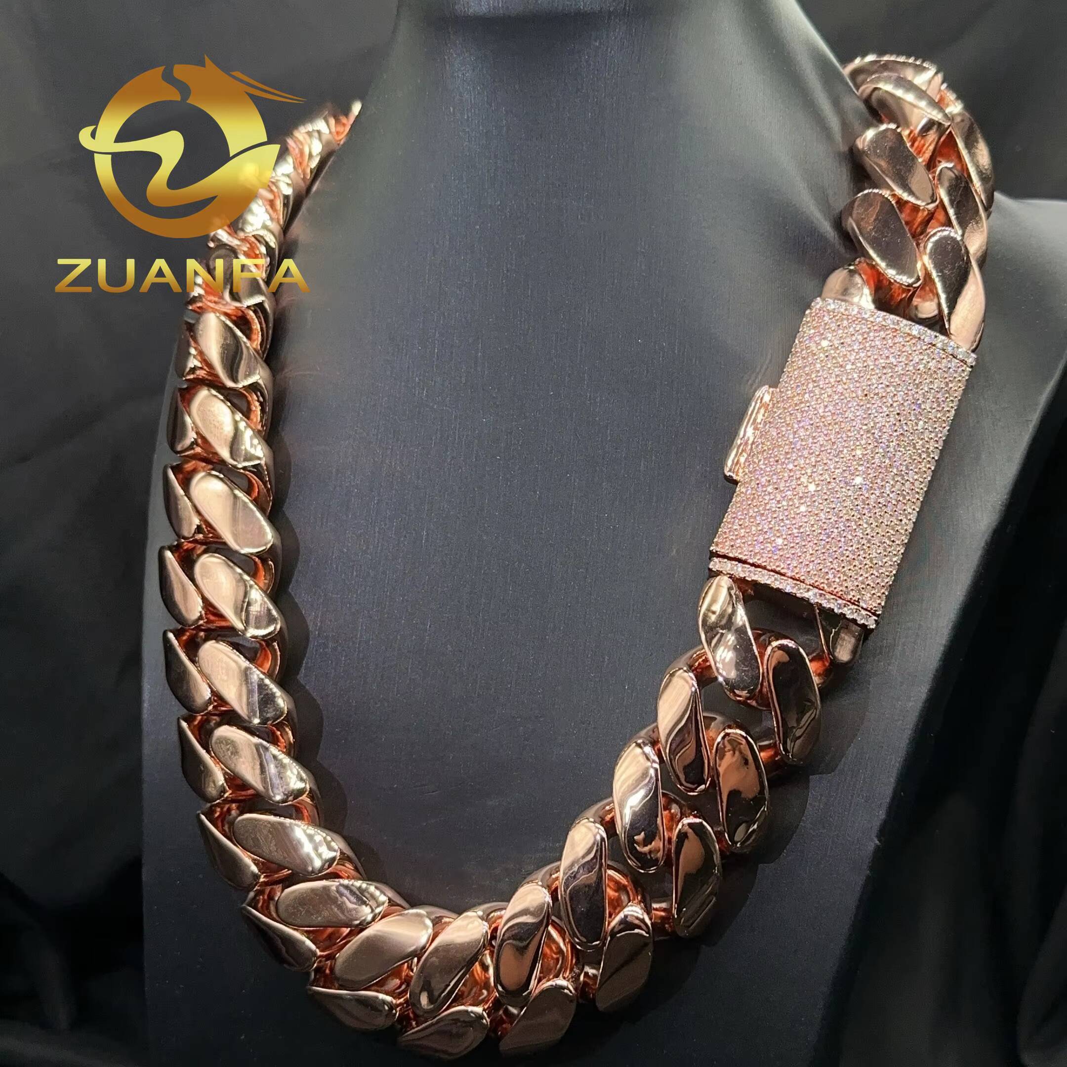 Hip Hop Jewelry 18k Rose Gold Plated Big Chain 20mm Miami Cuban Link Chain Bracelet S925 Cuban Men Moissanite Clasp