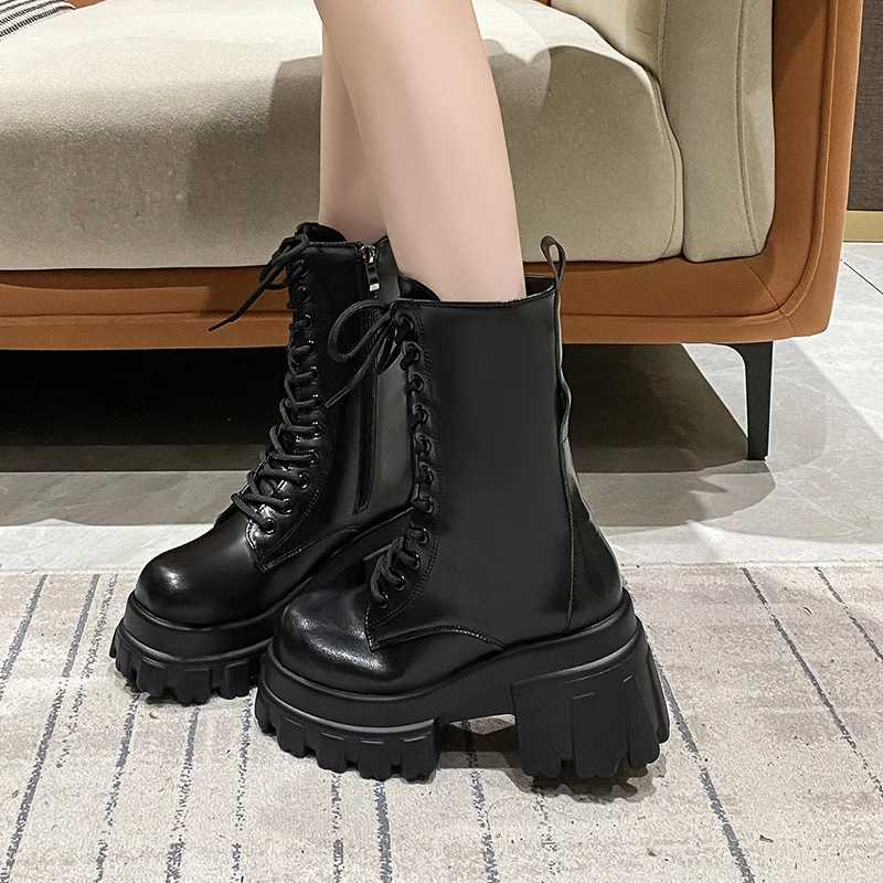 9CM Chunky Platform Ankle Boots Women 2025 New Autumn Winter Motorcycle Boots Woman Thick Bottom Non Slip Leather Combat BootsT251223