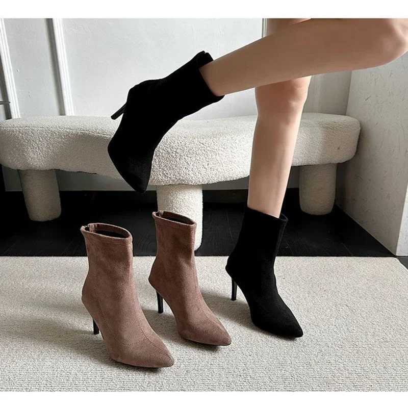 HOT Mid-barrel Boots Elastic Boots Pointed Toe Thin Heels for Women Black Ankle Stretch Fabric Winter High Heel Boots RomeT251223