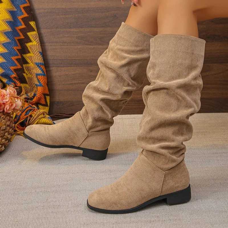 Womens Mid-heel Single Boots Spring New Round Head Suede Sleeve Fold Soft Sole Non-slip High BootsT251223