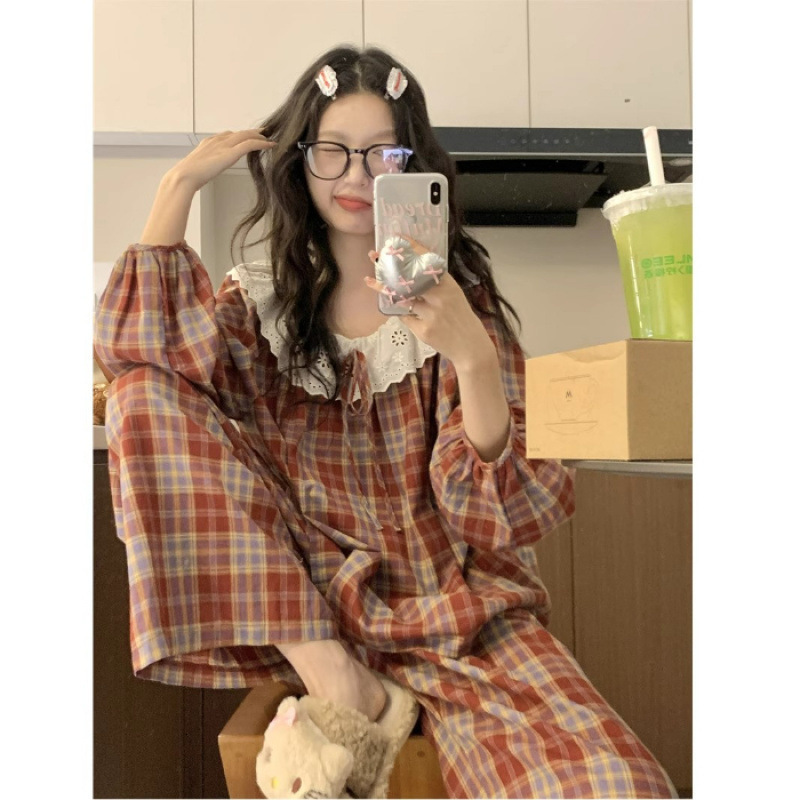 Plaid Pajamas Set Women Sweet Princess Cute Cotton Pyjamas Sexy Lace Full Sleeve Autumn 2Piece/Set Home Mom Sleepwear 210924
