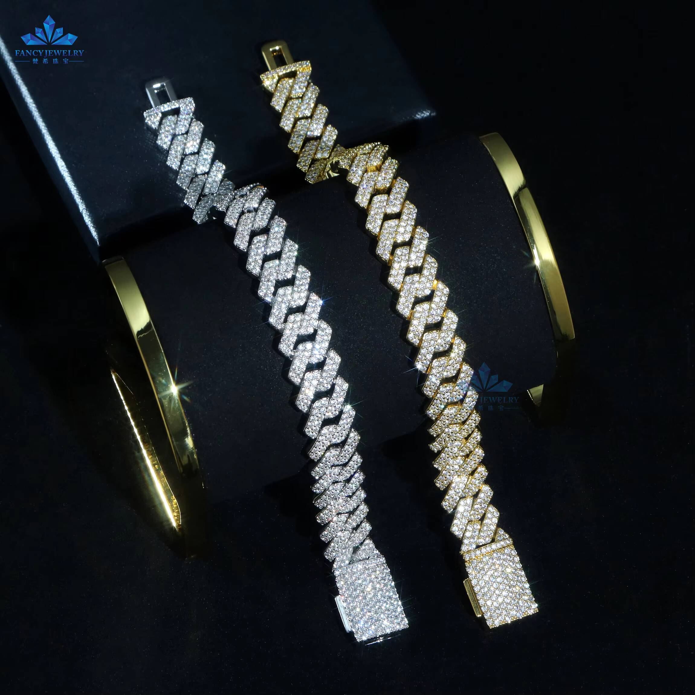 Iced Out Vvs Moissanite 2 Rows Cuban Chain Bracelet 925 Sterling Silver Diamond Moissanite 10mm 12mm Cuban Link Chain