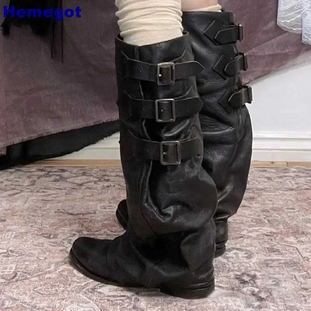 Genuine Leather Round Womens Boots 2025 Street Belt Buckle Solid Color Fashion Casual Trouser Boots Pleated Retro Mid-Calf BootT251223