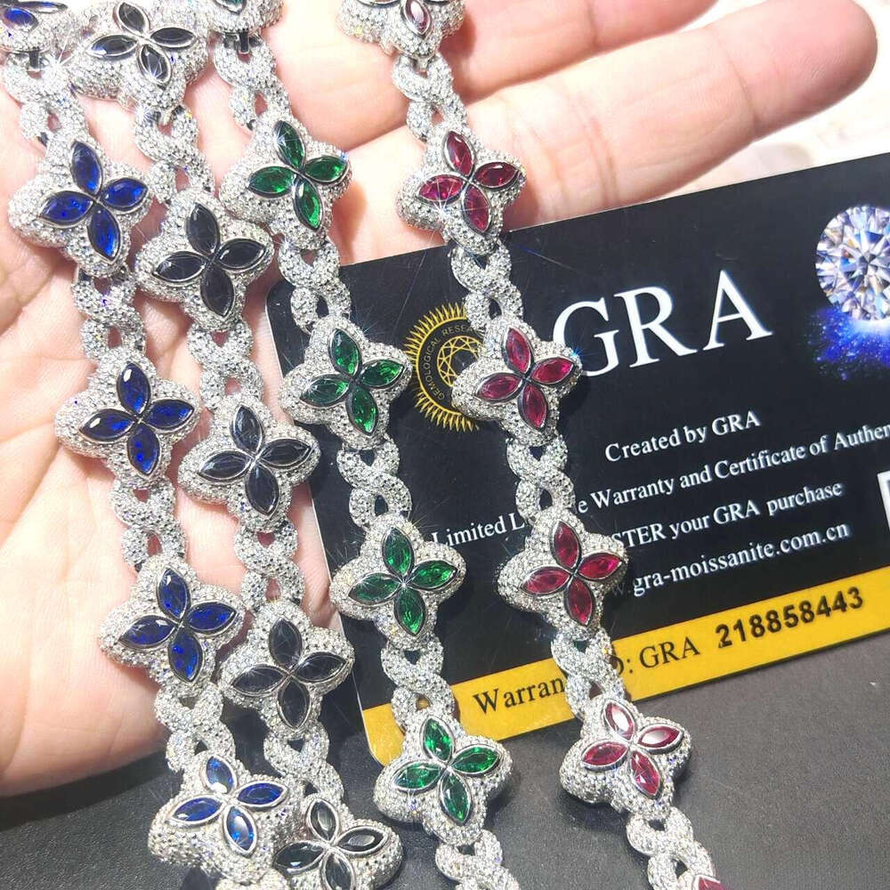 VVS Moissanite Luxurious Hip-Hop Jewelry Colorful Silicon Stone Ice S925 Silver Cuban Clover Bracelet