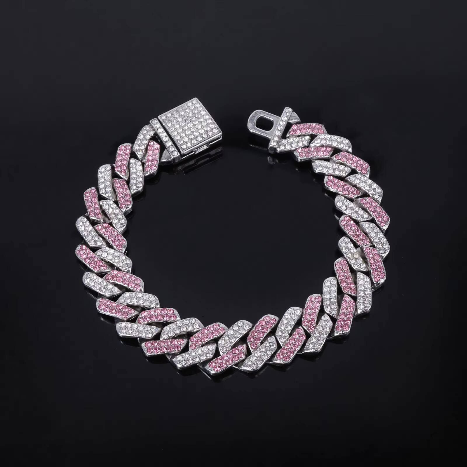 Hot Sale Temu 14mm Diamond-Shaped Pink Blue Diamond Flip Alloy Mens Necklace Cool Hip-Hop Cuban Chains with Geometric Pattern