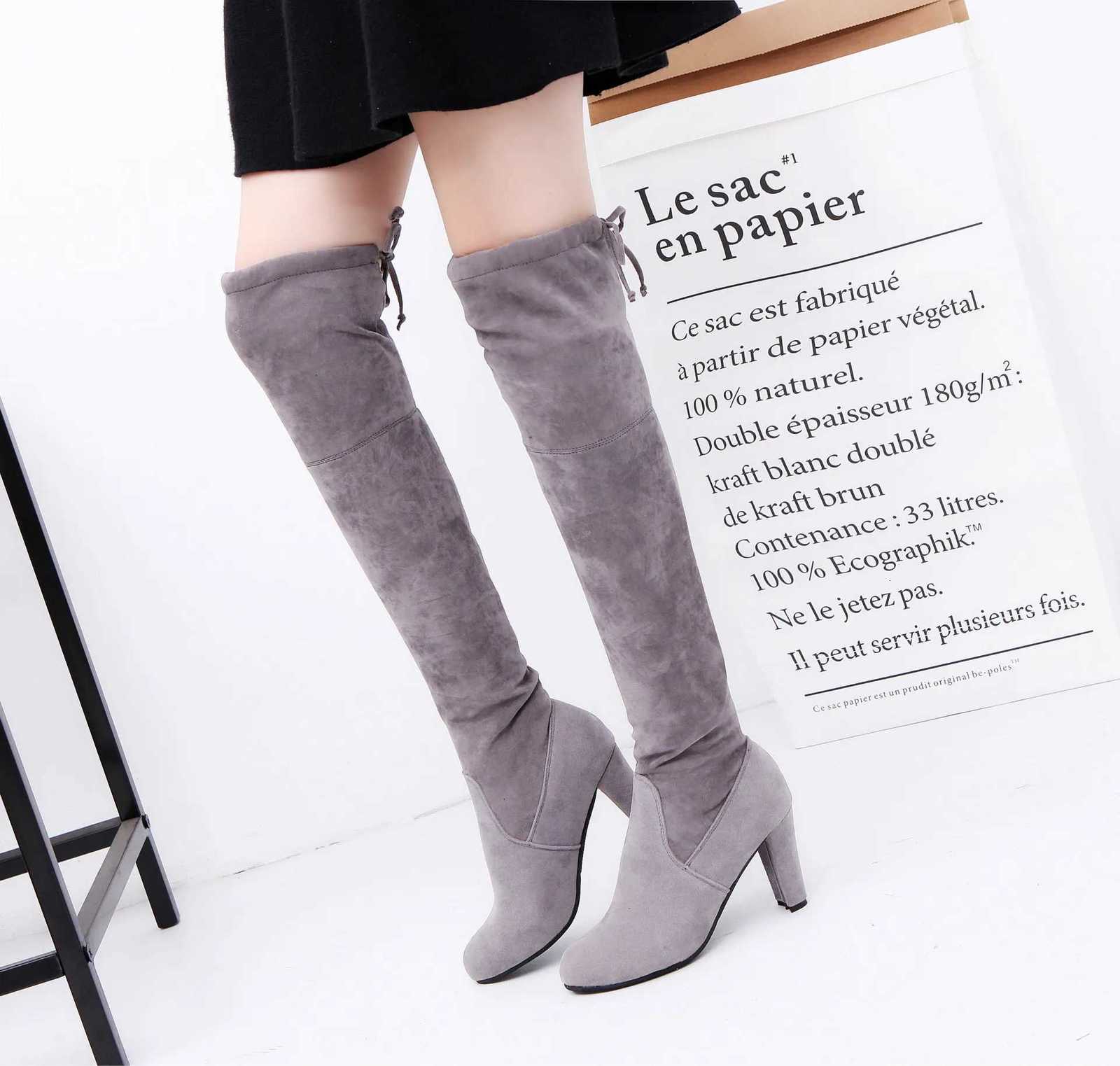 Suede Female Heels Autumn/ winter Zipper Elastic Knee-high Boots for Women Tube Lace-up Thigh Boots Black BotasT251223