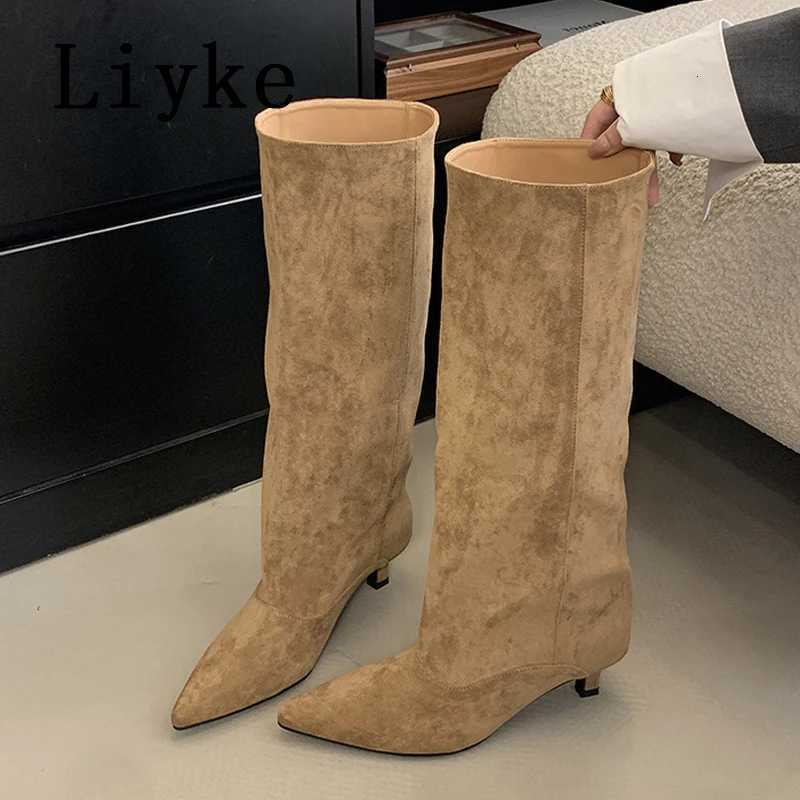 Liyke 2025 New Sexy Pointed Toe Knee High Boots Women Autumn Winter Low Thin Heels Pumps Cozy Ladies Party Long Shoes Size 35-40T251223
