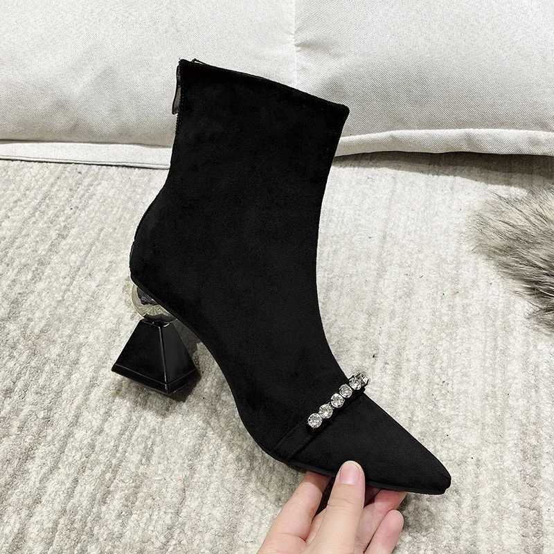 2024 New Fashion Solid Color Pointed Toe Rhinestone Womens Boots Comfortable and Versatile Back Zipper Spring and AutumnT251223