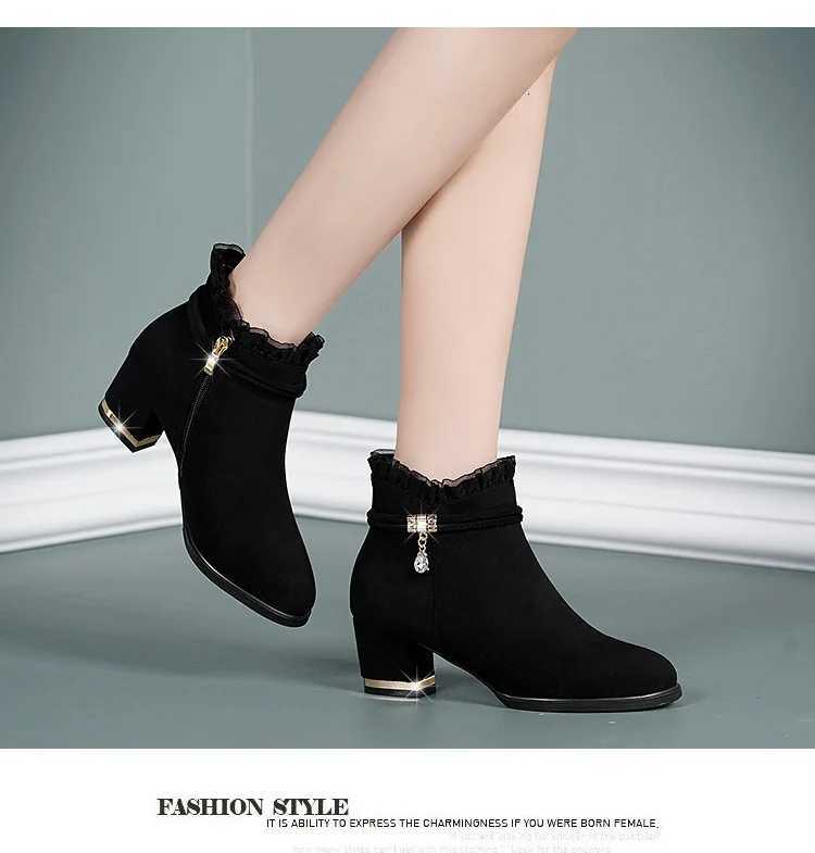 Shoes for Women Autumn Fashion Boots Women Fur Winter Warm Pointed Ankle Boot High Heel Rhinestone Decoration Zipper Women BootsT251223
