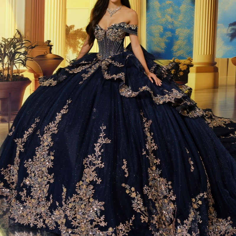 Navy Blue Shiny Quinceanera Dresses Off The Shoulder Gold Applique Lace Beading Crystal Bow Tull Party Birthday Sweet 16 Dress Vestidos 15 Anos