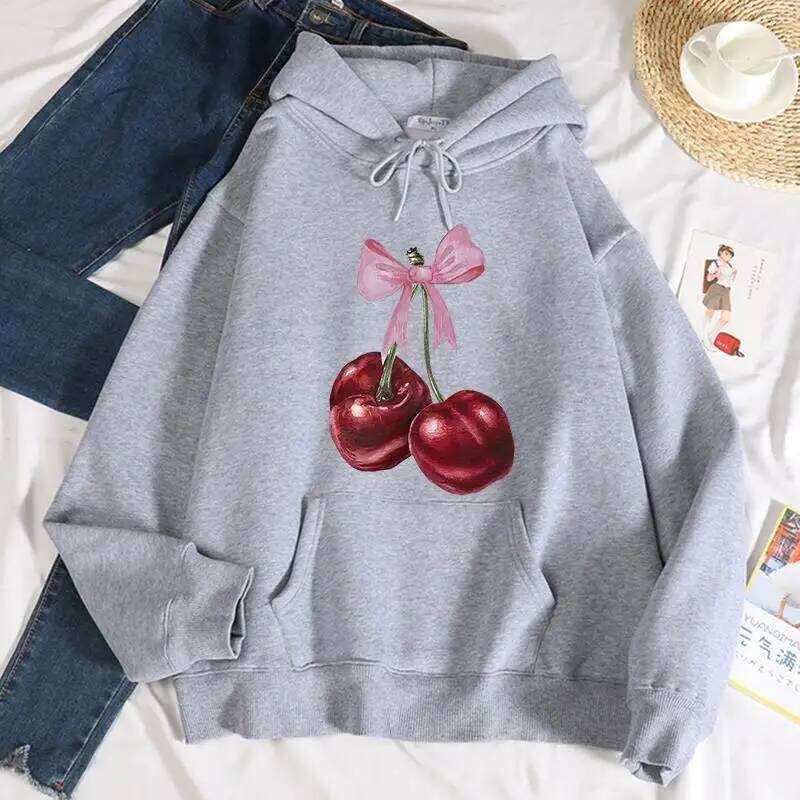 Bow Red Cherry Pattern Printing Hoodie Women Warm Fleece Hoody designer Fashion 2026 Casual Hooded Autumn Loose Round Neck Woman Clothes