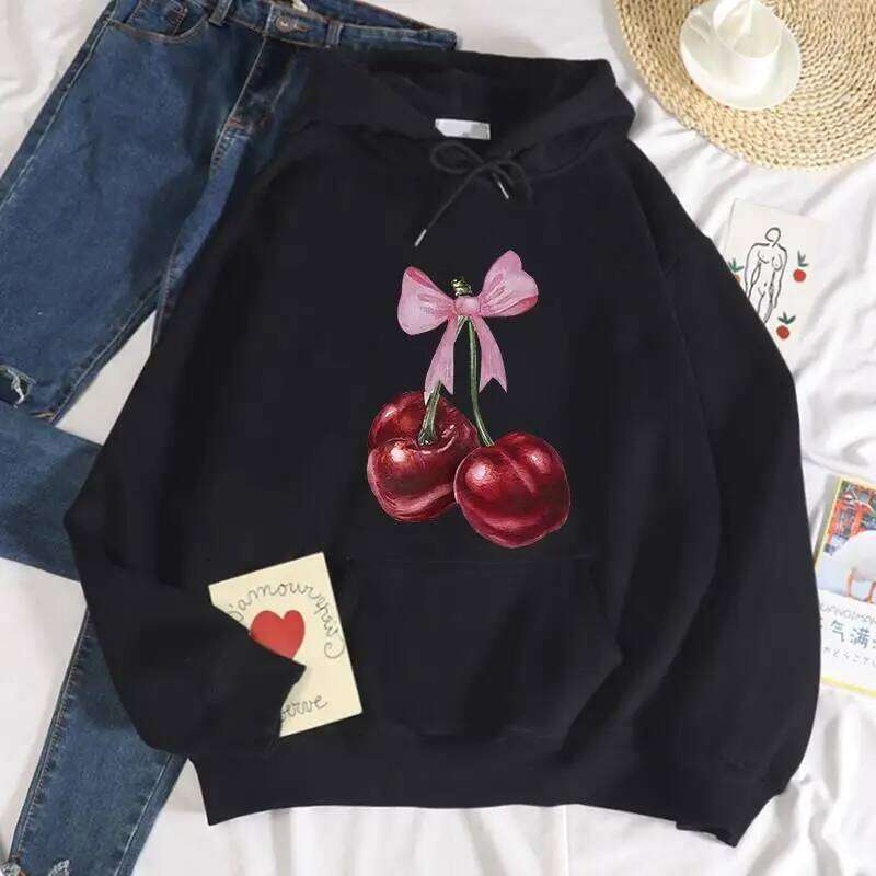 Bow Red Cherry Pattern Printing Hoodie Women Warm Fleece Hoody designer Fashion 2026 Casual Hooded Autumn Loose Round Neck Woman Clothes