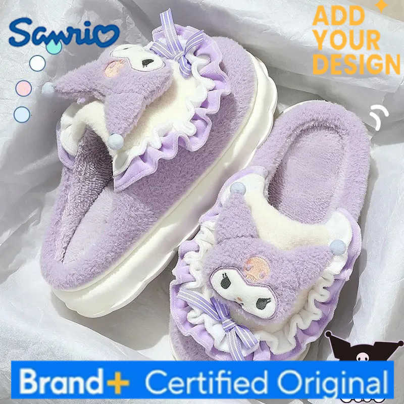 Sanrio Wholesale Kuromi Cotton Fuzzy Slippers WomenS Winter Velvet Warm Home Slippers Non-Slip Plush Shoes Girl Cute Flat Shoes H251223