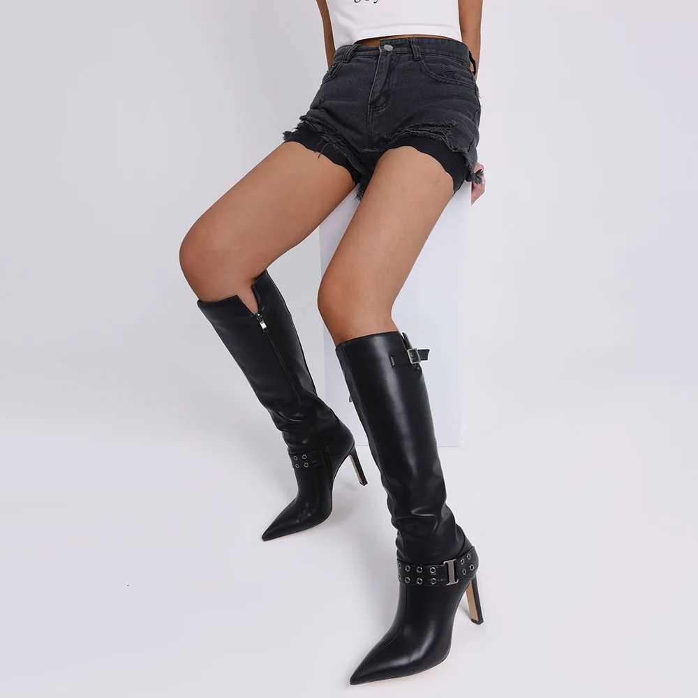 Sexy Pointed Toe Thin High Heel Female Fashion Modern Boots Hollow Metal Punk Spring/Autumn Party Mid-calf Boots For WomenT251223