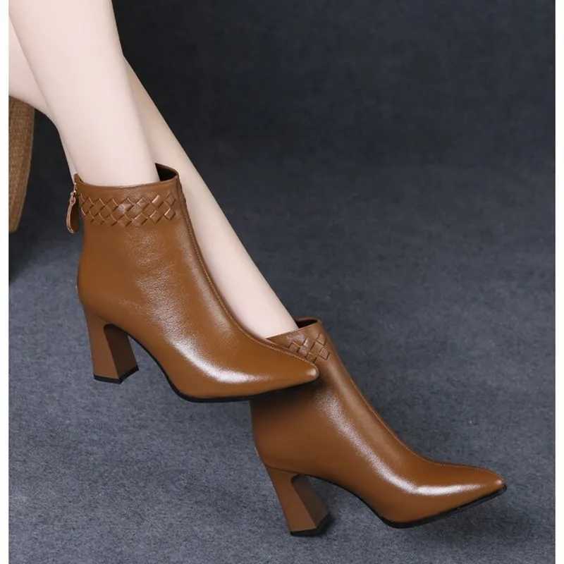 Vintage Pointed Toe High Heels Ankle Boots for Women Brown Pu Leather Zipper Short Boots Woman Autumn Thick Heel BootiesT251223