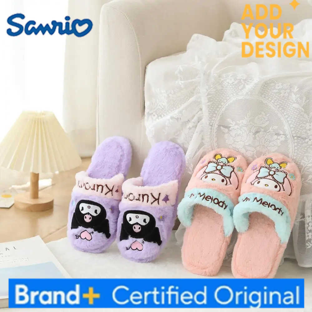 Sanrio Cute Female Kuromi Plush Slippers Anime My Melody Keep Warm Kawaii Cinnamoroll Cartoon Thicken Indoor Anti-Slip Home Slippers H251223