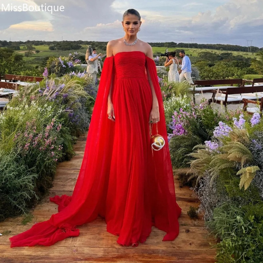 Red Chiffon Formal Prom Dresses Off The Shoulder Long Sleeves Special Occasion Event Party Gowns Evening Dress 1215