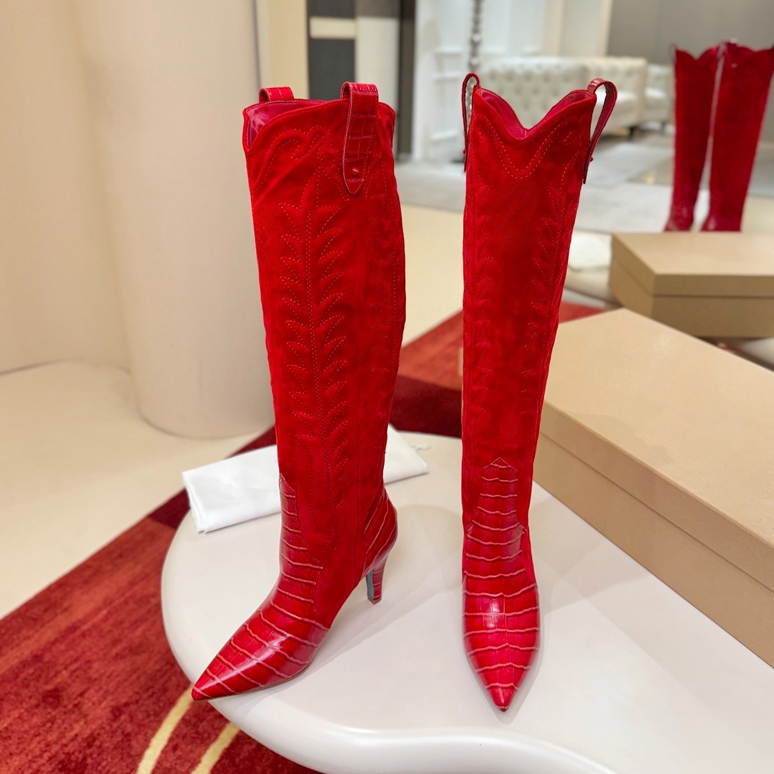 Embroidery Genuine Leather Knee Boot Luxury designer women Western boot Slip on Pointed toe Spike Heels cowboy boot Fashion Classic Knight Boots Fall winter boot