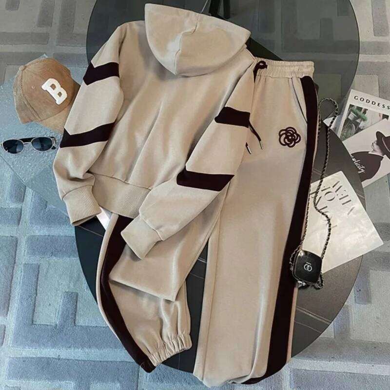 BESTBAFU Autumn Fashion Patchwork Sports Suit Women Casual Flower Print Hooded Top+Drawstring Wide Leg Pants 2-Piece Set 972P DREAM RECALL