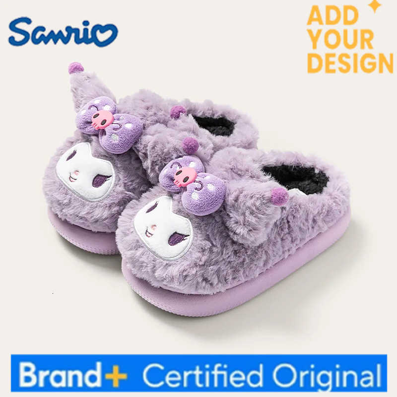 Sanrio Kids Slippers House Shoes Cartoon Kuromi Bow Winter Shoes For Girls Warm Anti-slip Home Slipper Pruple Black Shoes H251223