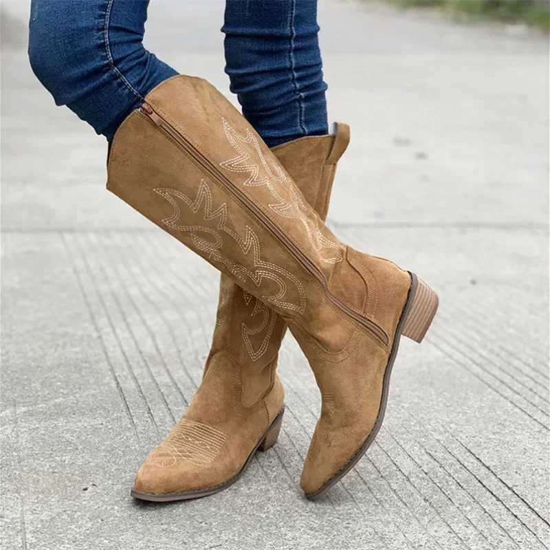 Embroidered Western Cowboy Boots for Women Autumn Pointed Toe Thick Heel High Knee Boots Woman Loose PU Leather Long Botas MujerT251223