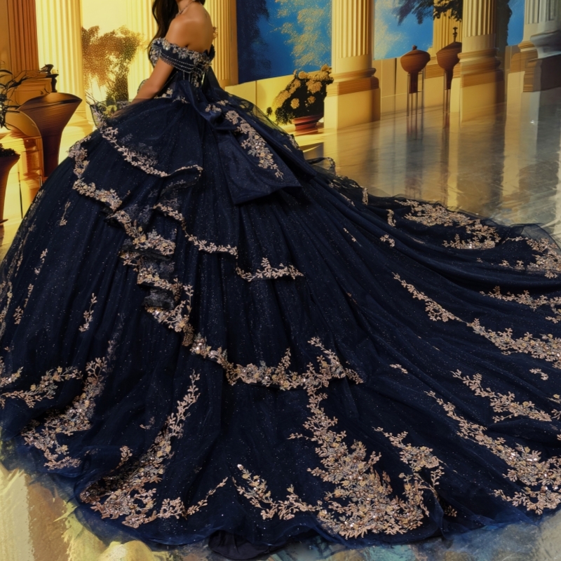 Navy Blue Shiny Quinceanera Dresses Off The Shoulder Gold Applique Lace Beading Crystal Bow Tull Party Birthday Sweet 16 Dress Vestidos 15 Anos