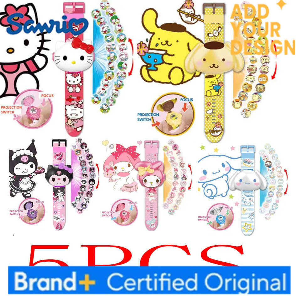 Sanrio Hello Kitty Toys Set 3D Projection Digital Watch Cinnamoroll Kuromi Melody Anime Action Figures Model Toy Kid Gift H25122311