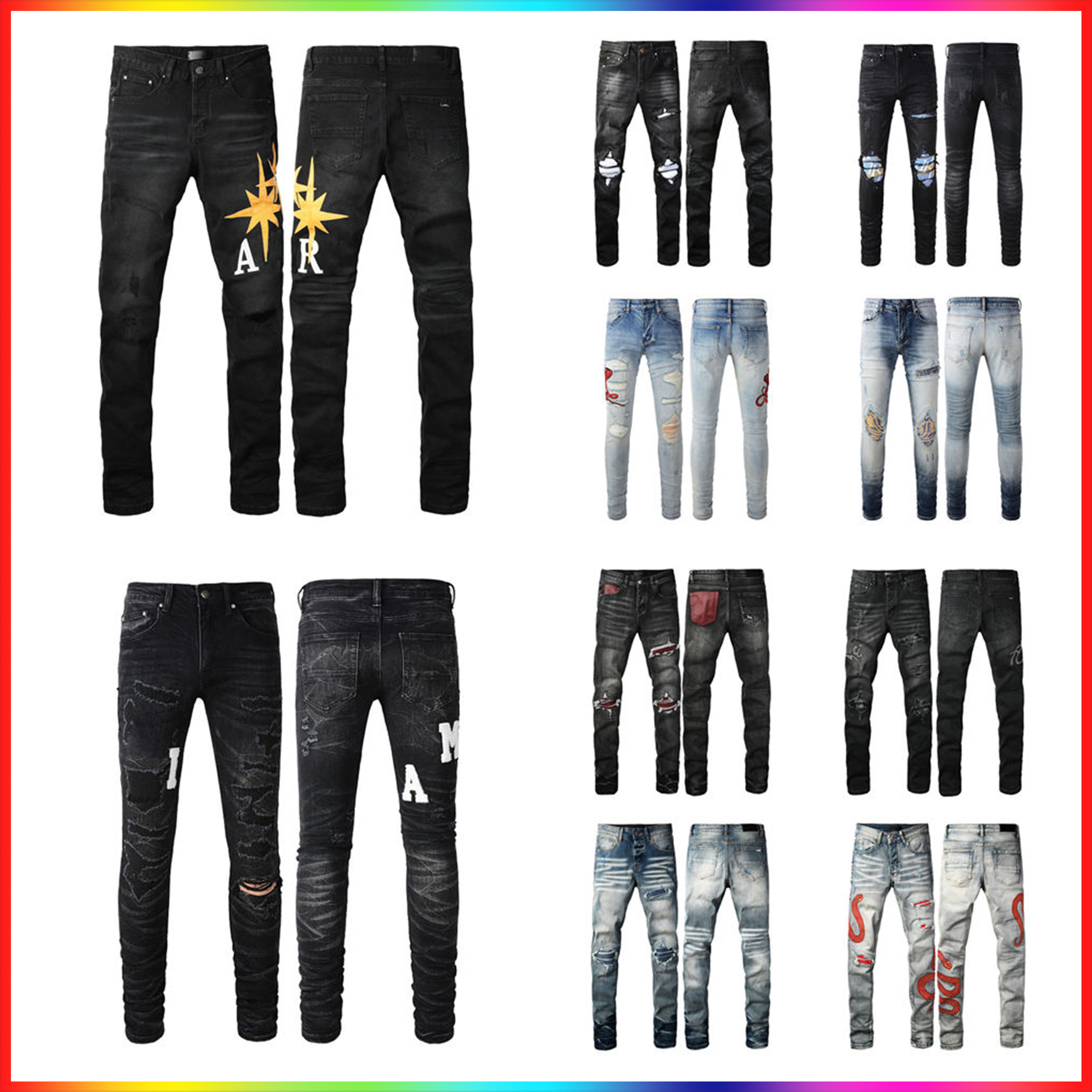 5A 2025 Luxurys Designers Jeans France Fashion Straight amirirjeans Men's Biker Hole Stretch Denim Casual purples Jeans Men Skinny Pants Elasticit Trousers