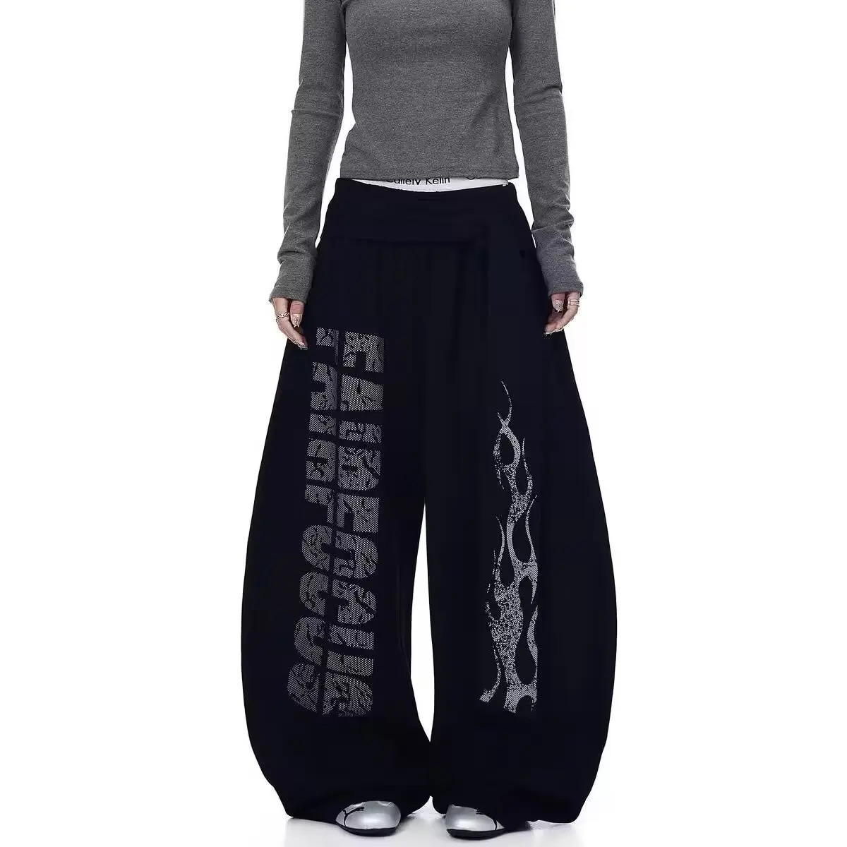American-style straight-leg sweatpants with velvet fashionable letter mopping pants high-waist drapey wide-leg pants 251222