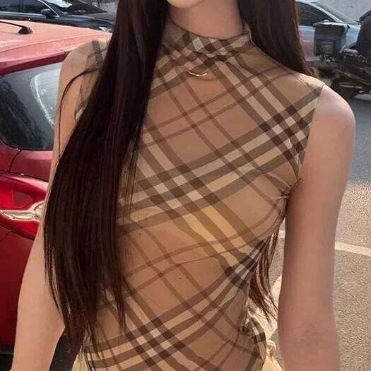 French Vintage Half High Collar Sleeveless Vest Women Summer New Style Slimming Plaid Top Fashionable Trendy Lady