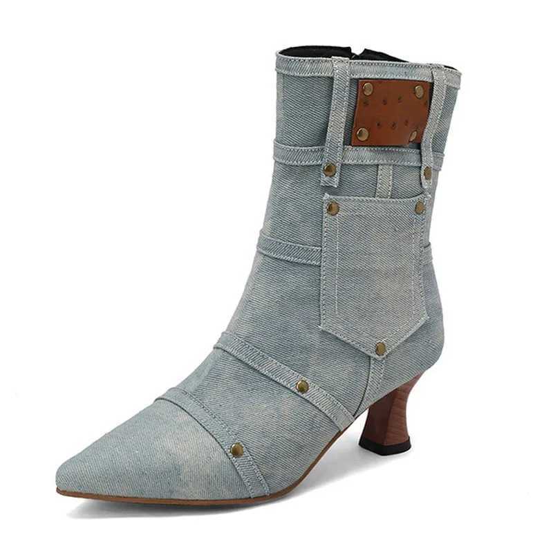 2025 Winter Fashion Boots Women Denim Cloth Pointed Toe Ankle Boots Low Heel Custom Women Shoes botas mujer Plus Size 43 WSH4932T251223