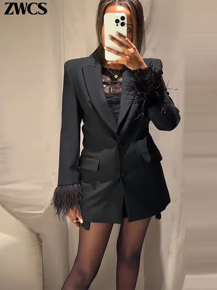 Elegant Feathers Blazer Pants Set Womens Solid Lapel Singlebreasted Suit Jackets Straight Wide Leg Trousers 2025 Outfits 251223