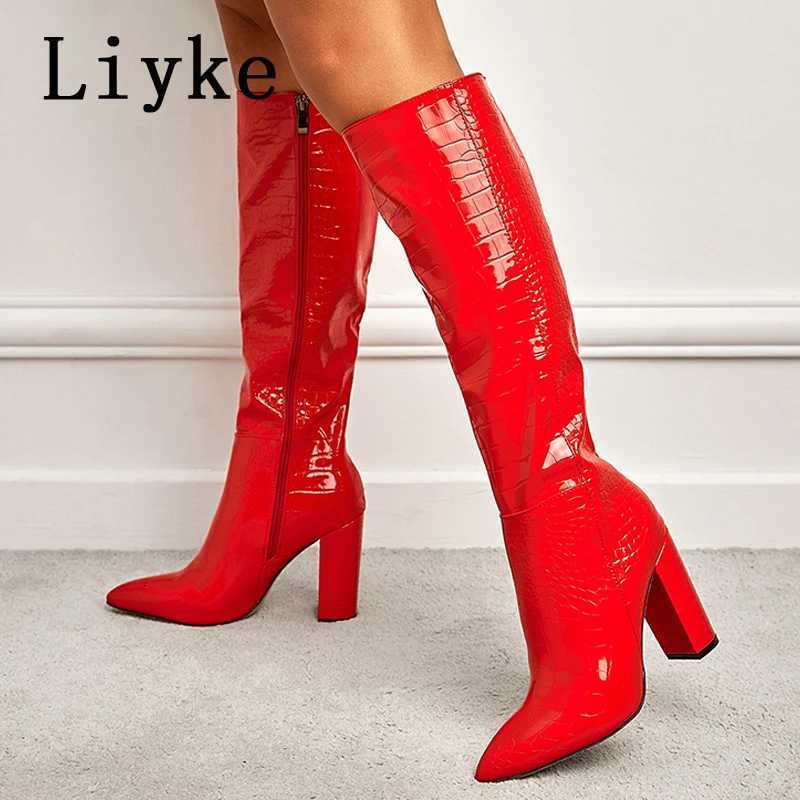 Liyke Fashion White Women Knee High Boots Sexy Snake Print Leather Pointed Toe Square Heels Ladies Long Booties Zip Female ShoesT251223