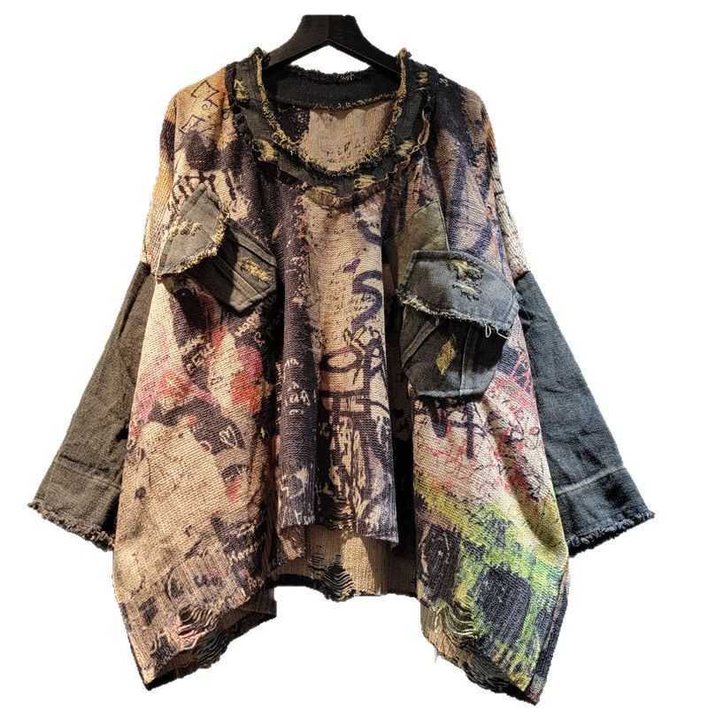 Fashionable printed knitted cape with denim patchwork, cool and unique, for spring and autumn 2025.L251223