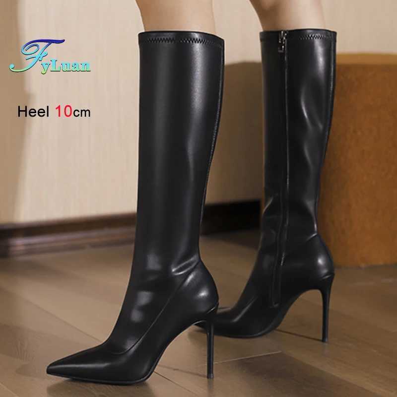 Autumn Single Boots Fashion Thin Heel Women Knee-high Boots Black Soft Leather Pointed Toe Zipper Jackboot Lady High Heel ShoesT251223