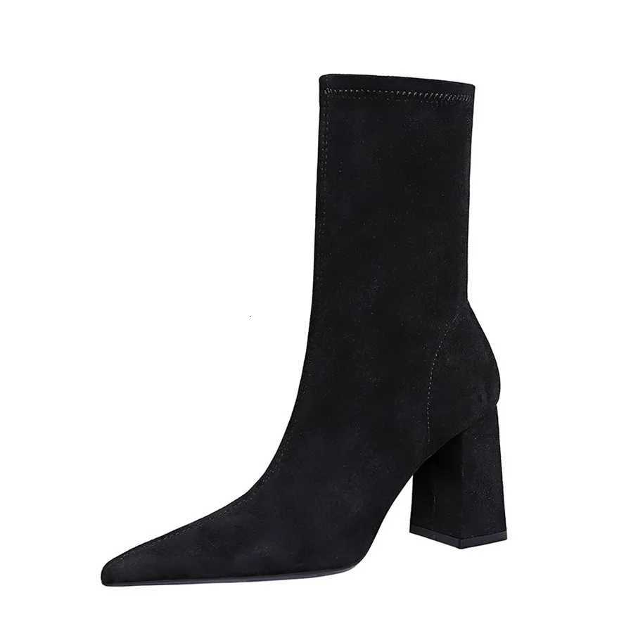 Plus Size 43 Thick Heel Ladies Work Boots Black Flock Sexy Slim Slip-On Ankle Boots Autumn Women Pointed High Heels Party ShoesT251223