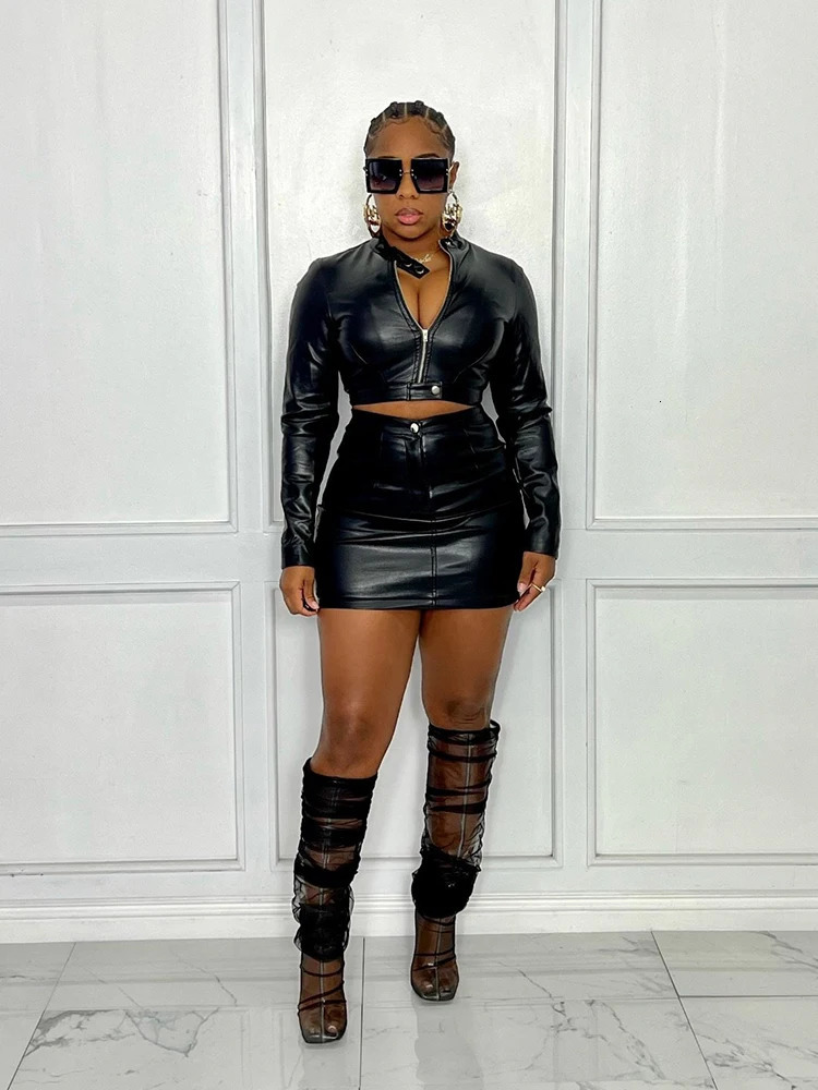 Two Piece Set for Women Night Club Outfits Long Sleeved Top and Leather Mini Skirt Sexy Outfits Female Wholesale Drop 251222