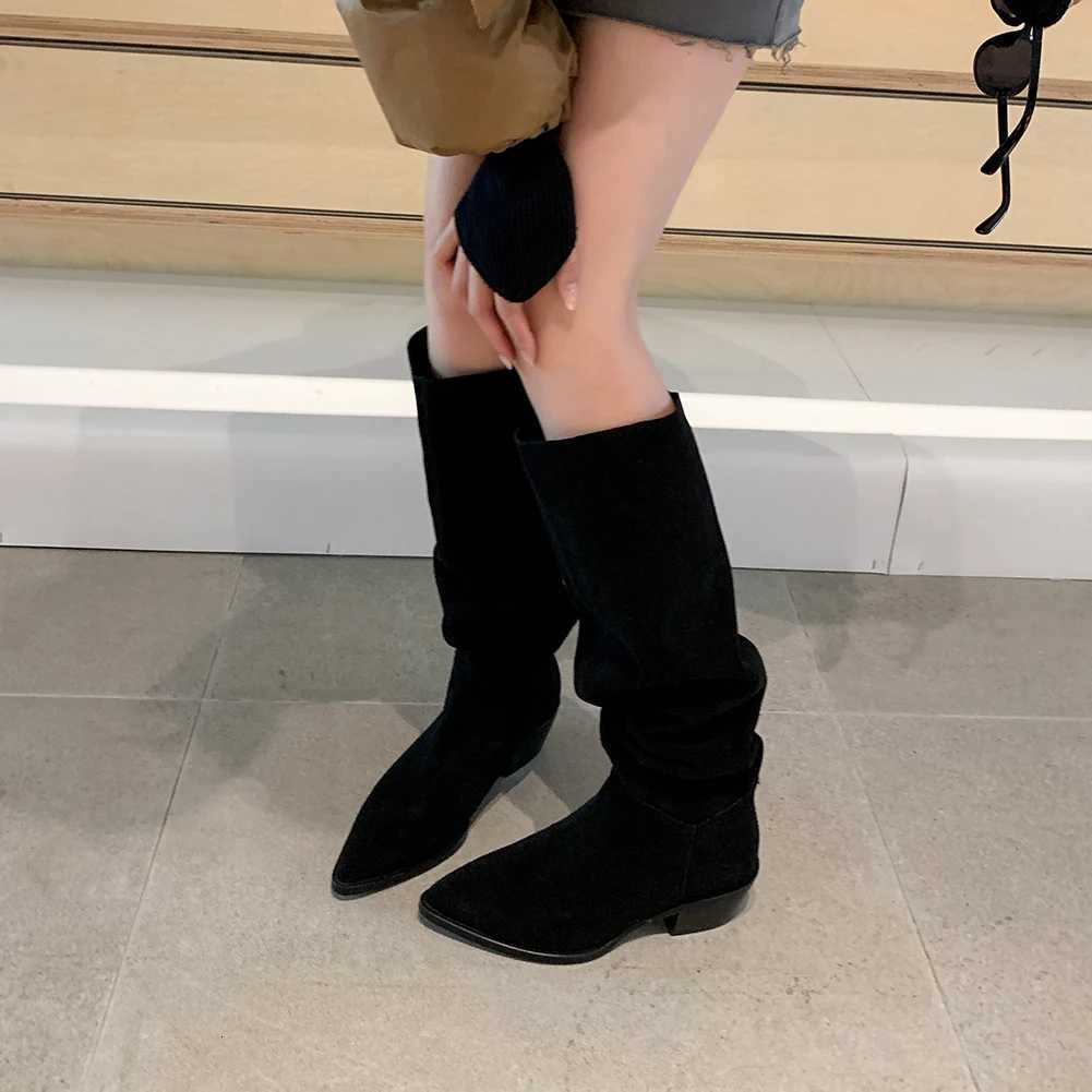 2025 New Kid Suede Retro Women Boots Autumn Winter Slip-On Boots for Women Pointed Toe Square Heel Basic Shoes Knee-high bootsT251223
