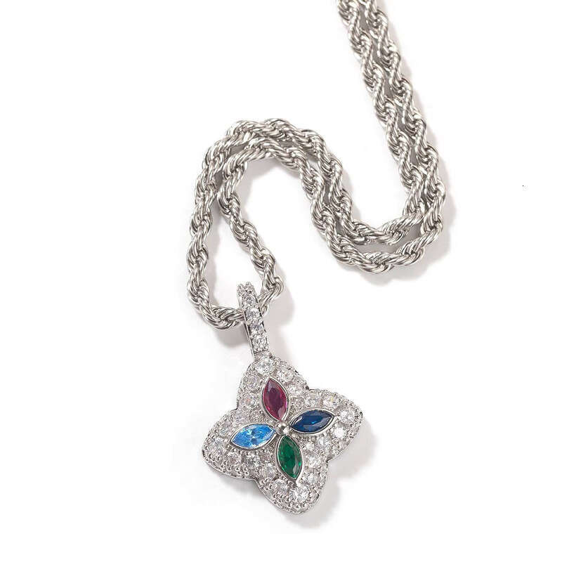 Hip-Hop Four-Petal Flower Versatile Sweater Style Exquisite Colorful Brass VVS Moissanite Pendant Rope Chain Women's Gift