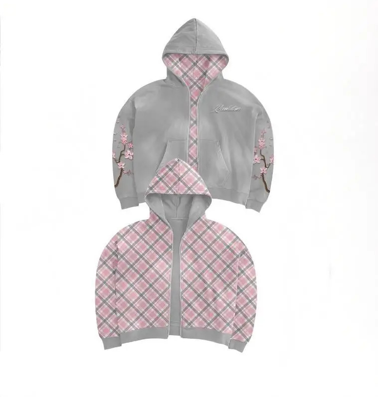 Y2K Vintage Cherry Blossom Embroidery Zipper Hoodie Harajuku Loose Reversible Simple Grid Jacket Men Women Pink Coat Streetwear 251217