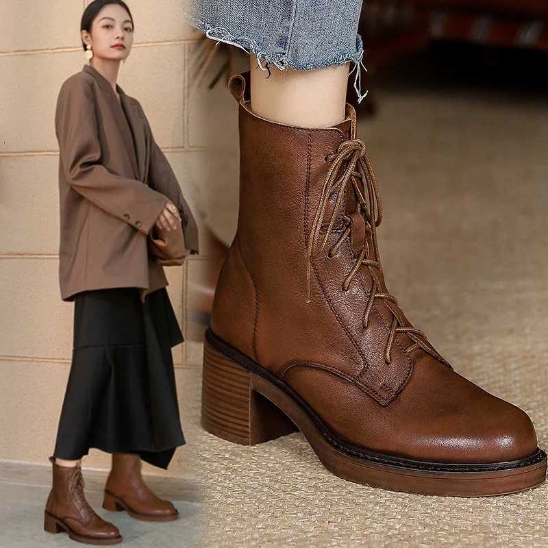 2025 Winter Genuine Leather Women Boots Round Toe Thick Heel Lace Up Fashion Ankle Boots Retro Boots Platform Shoes Heels GrownT251223