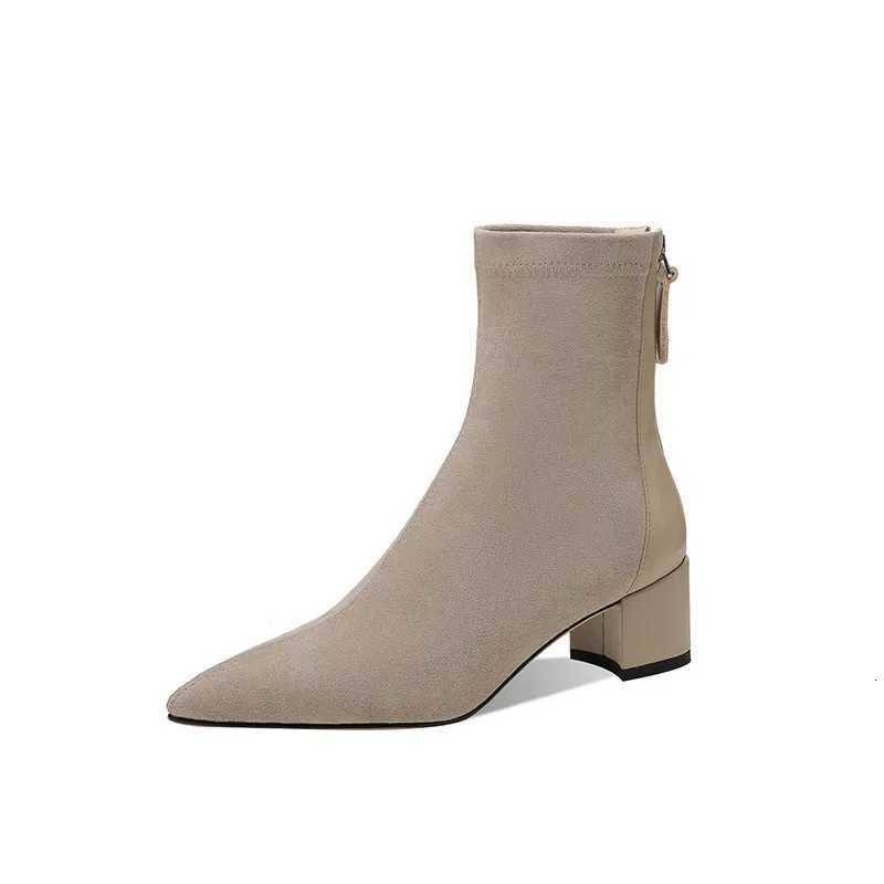 Womens Elastic Boots 2025 Autumn/winter New Pointed Suede Nude Color Non-slip Back Zipper High-heeled Fashion Boots Botas MujerT251223